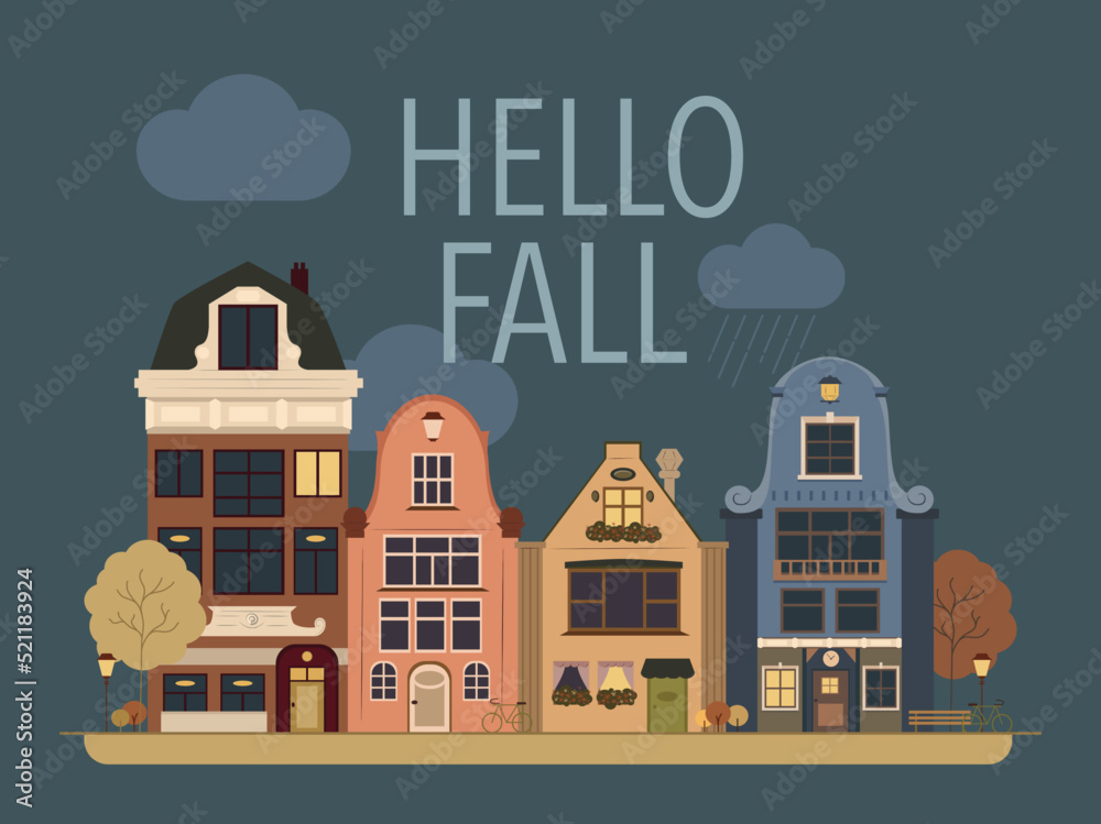 Colorful vector Hello Fall seasonal background with Fall city landscape. Fall greeting card, banner or poster template. colored houses in Amsterdam. warm postcard about the autumn mood.