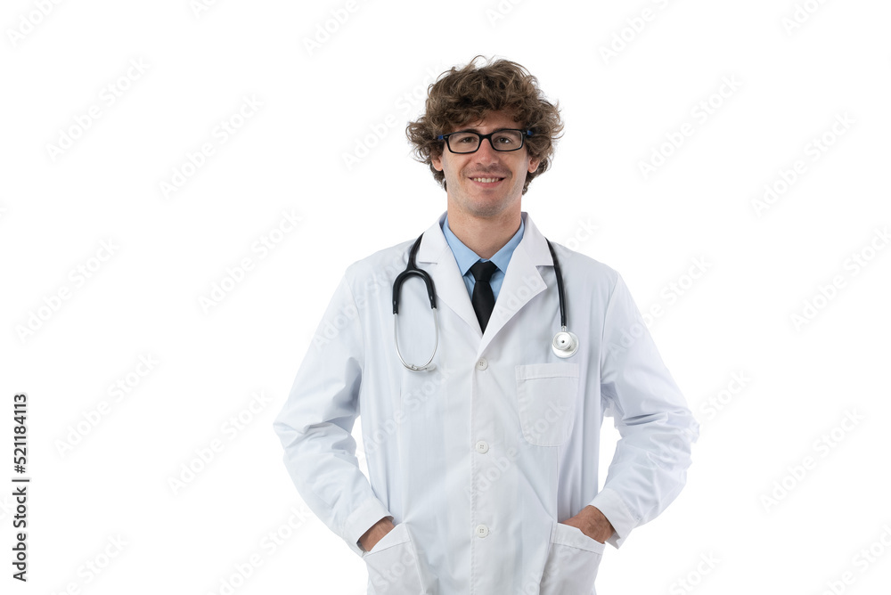 happy Caucasian doctor wearing white coat with stethoscope posing and smiling at camera on a white background