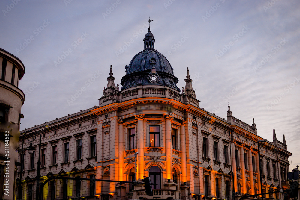 A hotel in the center of Lublin on Litevskiy Square at sunset