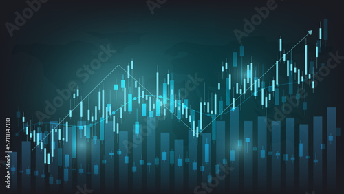 economy situation concept. Financial business statistics with bar graph and candlestick chart show stock market price and currency exchange on dark green background