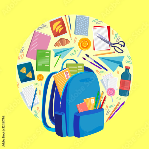 School supplies: backpack, pencils, brushes, books, pens, paper clips, notepads, food and drinks. Back to school
