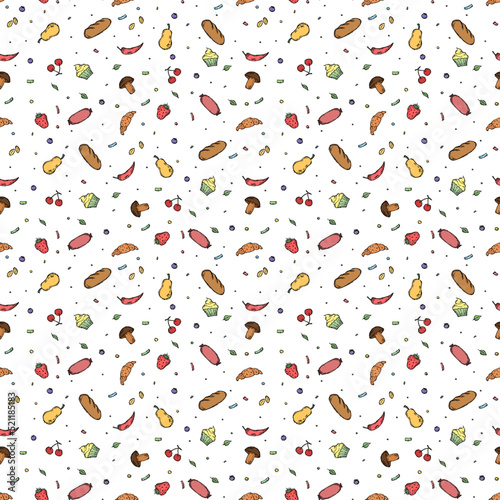 Fototapeta Naklejka Na Ścianę i Meble -  Seamless food pattern. Doodle food background. Food illustration