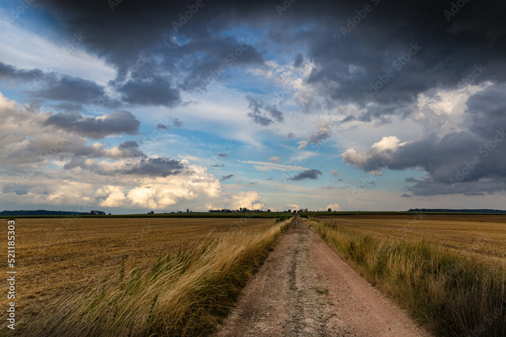 Dramatic storm clouds over fields. Country landscape. Windy weather. Plain field against the background of dark sky.