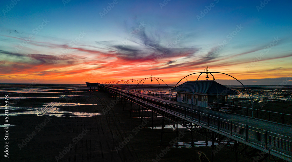 Beautiful panoramic aerial view of Southport Pier at sunset Southport Merseyside Beautiful panoramic aerial view of Southport Pier at sunset Southport Merseyside