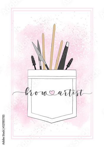 Brow artist or Eyebrow technician illustration. Beauty salon concept drawing for logo, brand identity or interior artwork. Pastel pink colour theme with treatment tools and equipment.