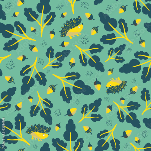 Cute vector spiky, prickly, hedgehog, acorn and oak leaves. Cartoon kawaii mammal and fall foliage seamless pattern on light blue backdrop. Nature forest creatures and fauna repeat for kids, education