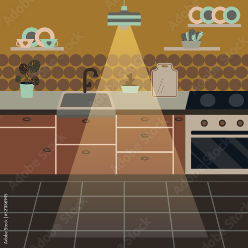 Kitchen with furniture, appliances and utensils. Flat style vector illustration