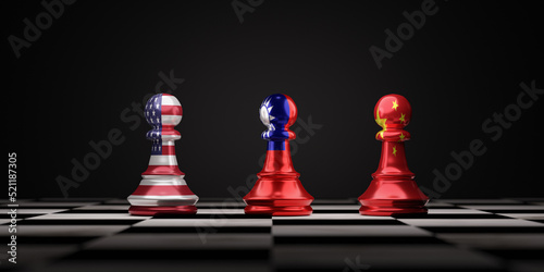 China Taiwan and USA chess standing on chessboard with copy space for symbol of military conflict concept by 3d render.