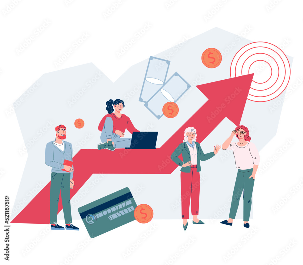 Business growth and income increase strategy banner design with tiny people characters, flat cartoon vector illustration isolated on white background. Business target and raise motivation. Business growth and income increase strategy banner design with tiny people characters, flat cartoon vector illustration isolated on white background. Business target and raise motivation.
