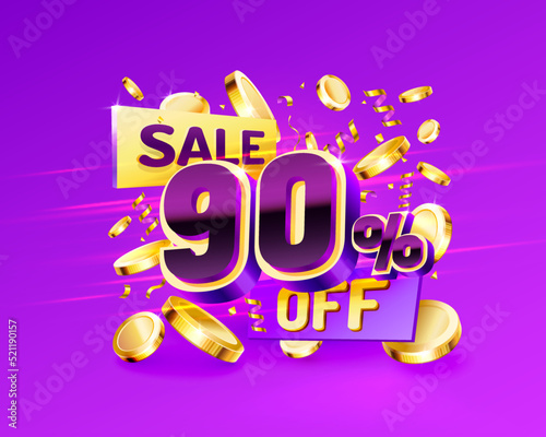90 Off. Discount creative composition. 3d sale symbol with decorative objects, golden confetti, podium and gift box. Sale banner and poster.