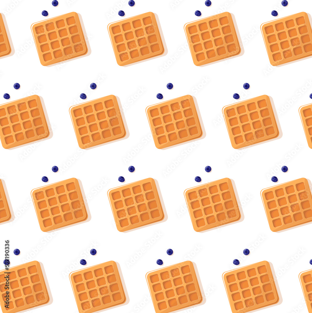 pattern of Belgian waffles with two blueberries on white background