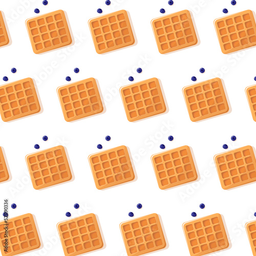 pattern of Belgian waffles with two blueberries on white background