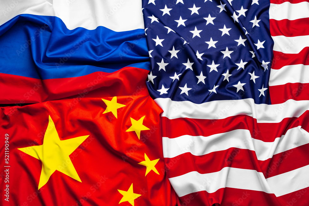 China, USA and Russia national flags top view China, USA and Russia national flags top view