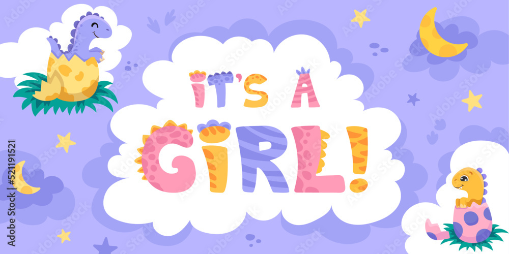 Baby shower horizontal banner with little cute dinosaurs, clouds, moon and stars on violet background with a sign It's a girl. Vector cartoon illustration for children Baby shower horizontal banner with little cute dinosaurs, clouds, moon and stars on violet background with a sign It's a girl. Vector cartoon illustration for children