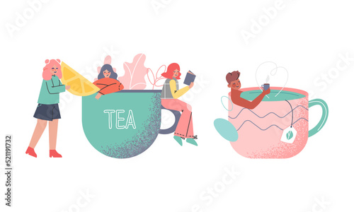 Tea Time Break with Man and Woman Character in Cup with Hot Drink Vector Set