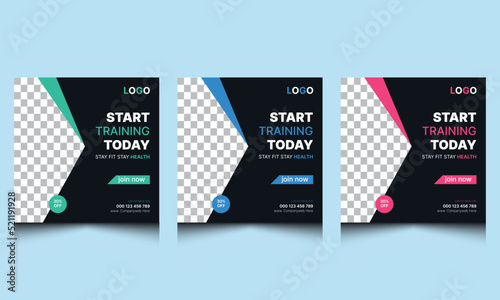 Clean modern creative square fitness gym web banner advertising sports fresh business social media Instagram post design template dark blue green pink color.