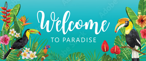 Welcome to paradise lettering with tropical birds and flowers