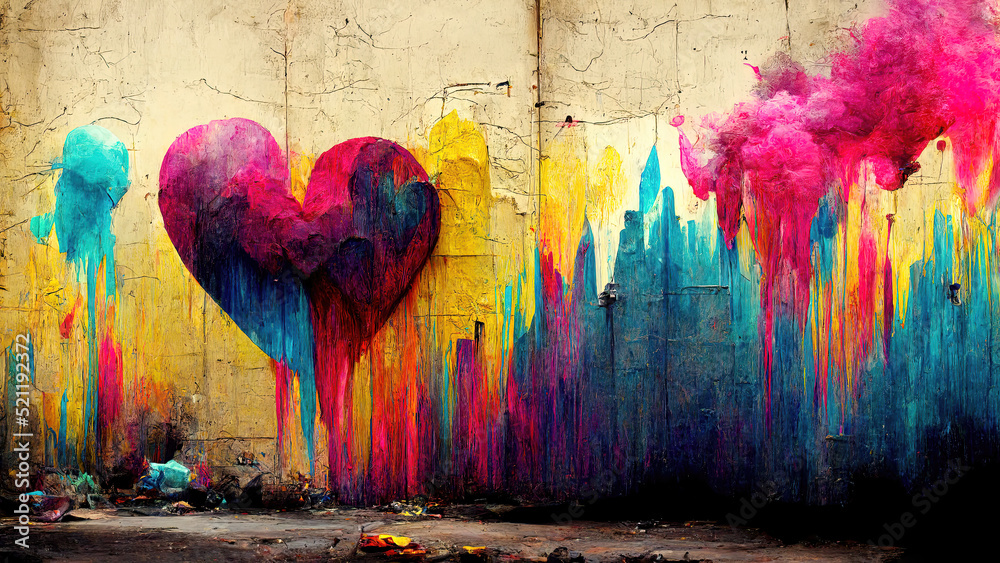 Fototapeta premium Colorful graffiti wall background with heart shape as love symbol