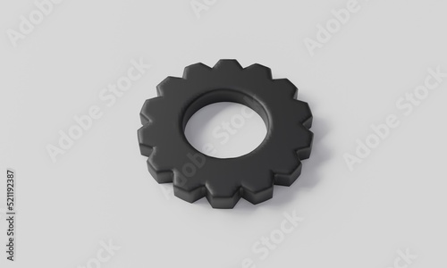 3D render minimal gear black symbol isolated on white background.