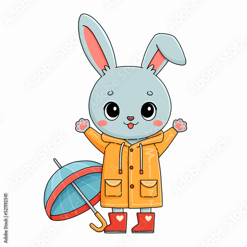 Rabbit in yellow raincoat and blue umbrella vector