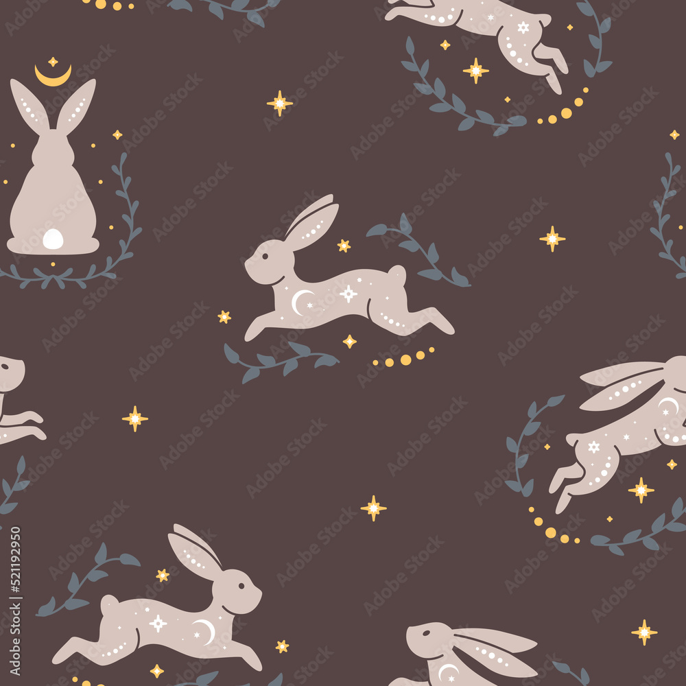 Obraz premium Trendy celestial seamless pattern with rabbits. Boho magic background with nature and space elements, leaves, moon, stars and rabbits. Design for card, fabric, print, greeting, poster. Vector