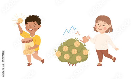 Little Kids Engaged in Economic Education and Financial Literacy Learning Saving and Investing Money Vector Set