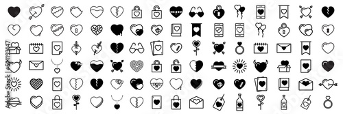 96 heart line icon set. Simple pictogram pack. Stroke vector drawing on a white background. Modern collection of outline style icons.