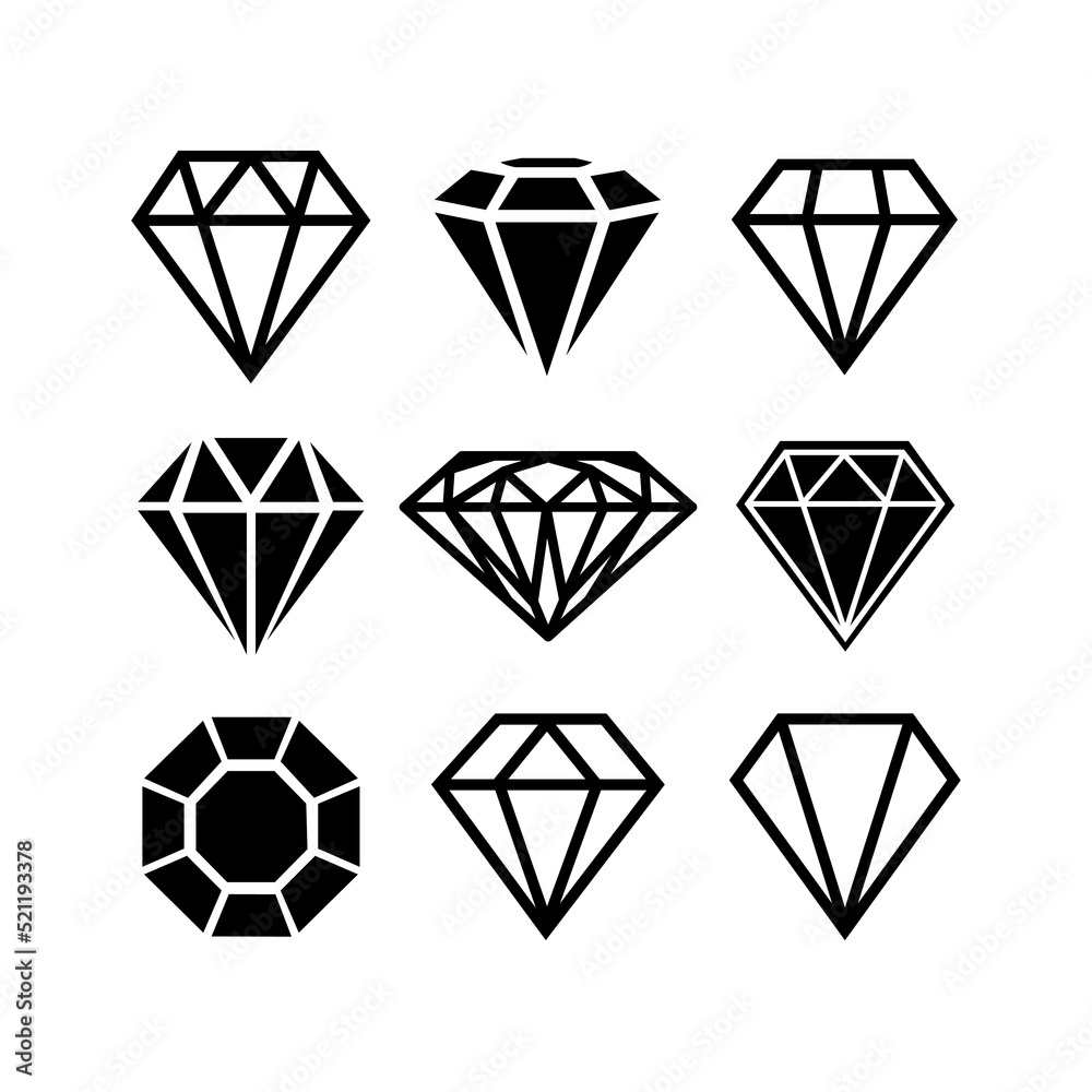 A set of diamonds in a flat style. Abstract black diamond collection icons. Linear outline sign. Vector icon logo design diamonds.
