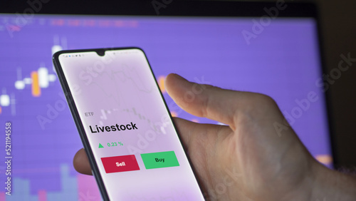 An investor's analyzing the livestock etf fund on a screen. A phone shows the prices of animals ETF