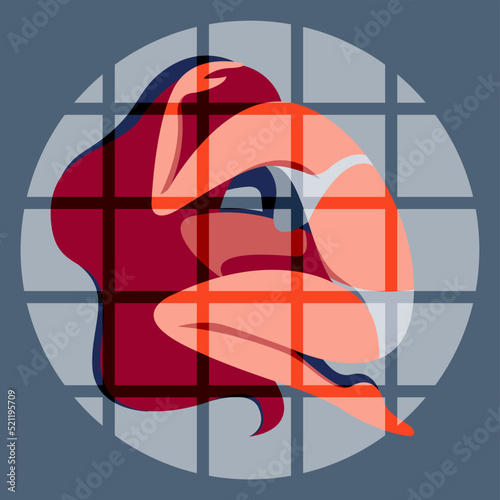 vector image on the topic of kidnapping and human trafficking, violence against women. the girl lying on the floor of the prison behind the prison bars.human slavery, forced prostitution, sexual abuse