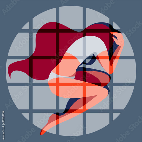 vector image on the topic of kidnapping and human trafficking, violence against women. the girl lying on the floor of the prison behind the prison bars.human slavery, forced prostitution, sexual abuse