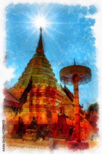 Landscape and scenery of the Ancient Architecture Council in Chiang Mai and tourist attractions of Thailand watercolor style illustration impressionist painting. © Kittipong