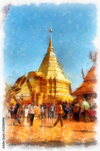 Landscape and scenery of the Ancient Architecture Council in Chiang Mai and tourist attractions of Thailand watercolor style illustration impressionist painting.