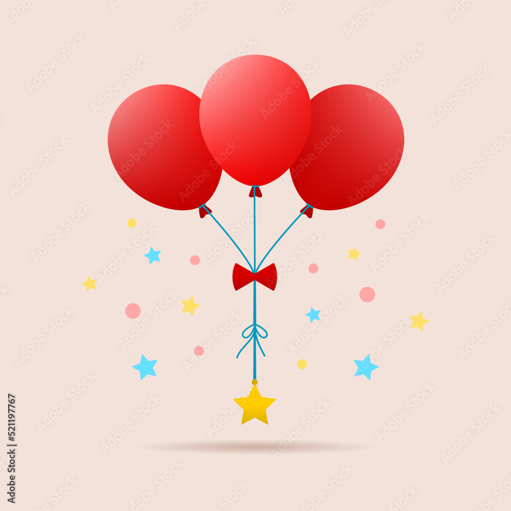Red balloon and ribbon hanging yellow stars and circle foil celebrate party decoration on brown background flat vector design.