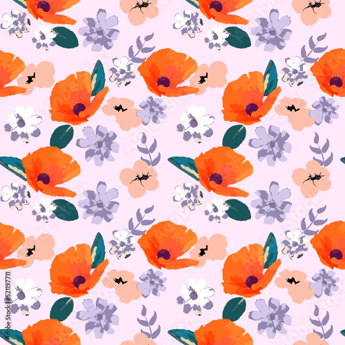 Seamless pattern with bouquets of poppies and chamomiles. Floral background for swimsuit, textile, wallpaper, pattern fills, covers, surface, print, gift wrap. Shabby chic.