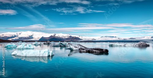 Wonderful nature landscape of Iceland. Jokulsarlon lagoon, Beautiful cold landscape picture of icelandic glacier lagoon bay. popular travel and hiking destination. Picture of wild area
