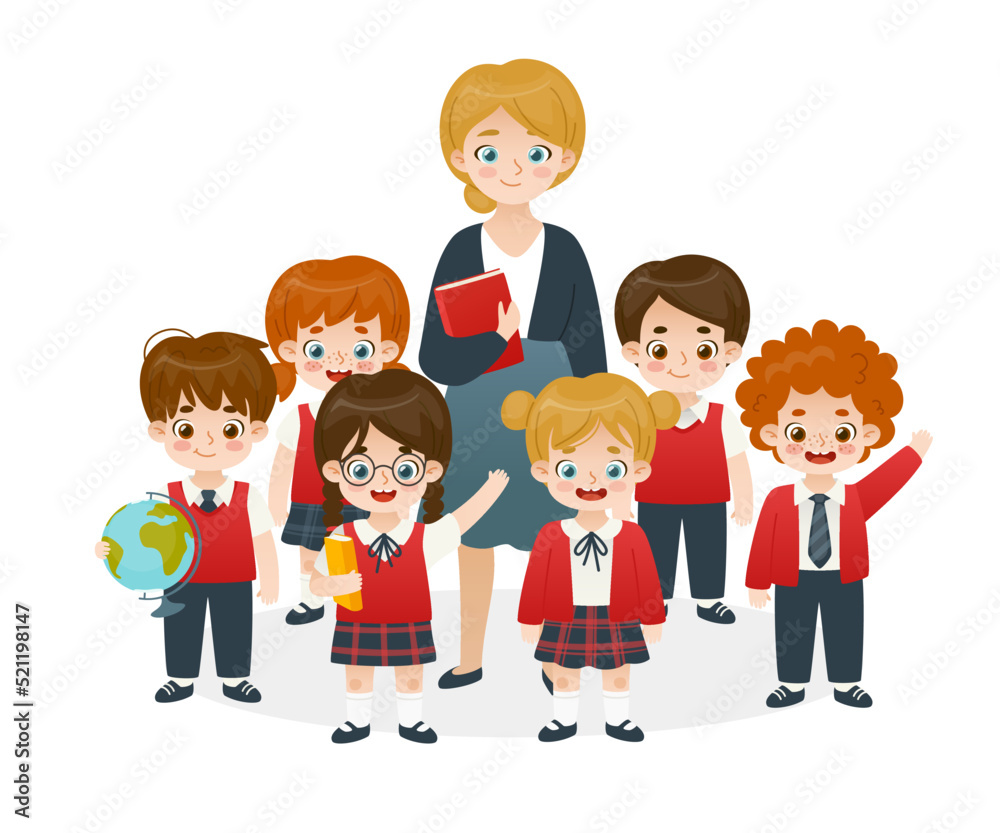 School children in uniform standing with teacher. Cartoon pupils diverse group. Cute classmates in school uniform.