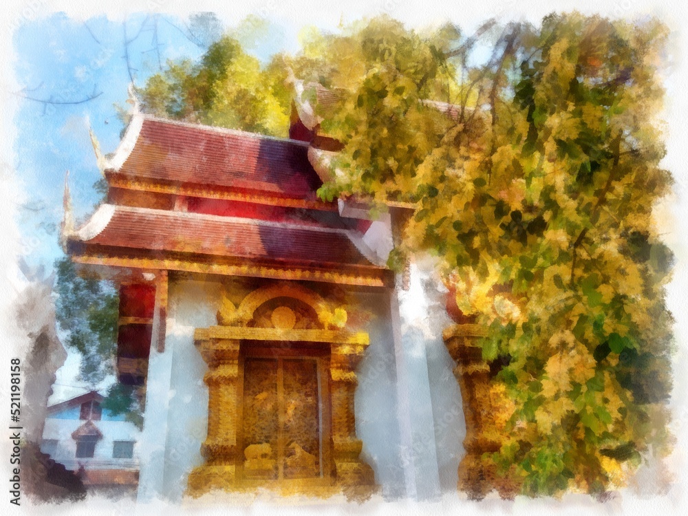 Landscape and scenery of the Ancient Architecture Council in Chiang Mai and tourist attractions of Thailand watercolor style illustration impressionist painting. Landscape and scenery of the Ancient Architecture Council in Chiang Mai and tourist attractions of Thailand watercolor style illustration impressionist painting.