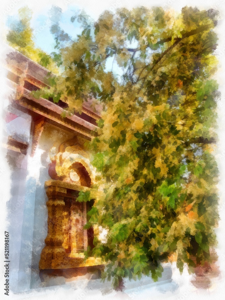 Fototapeta premium Landscape and scenery of the Ancient Architecture Council in Chiang Mai and tourist attractions of Thailand watercolor style illustration impressionist painting.