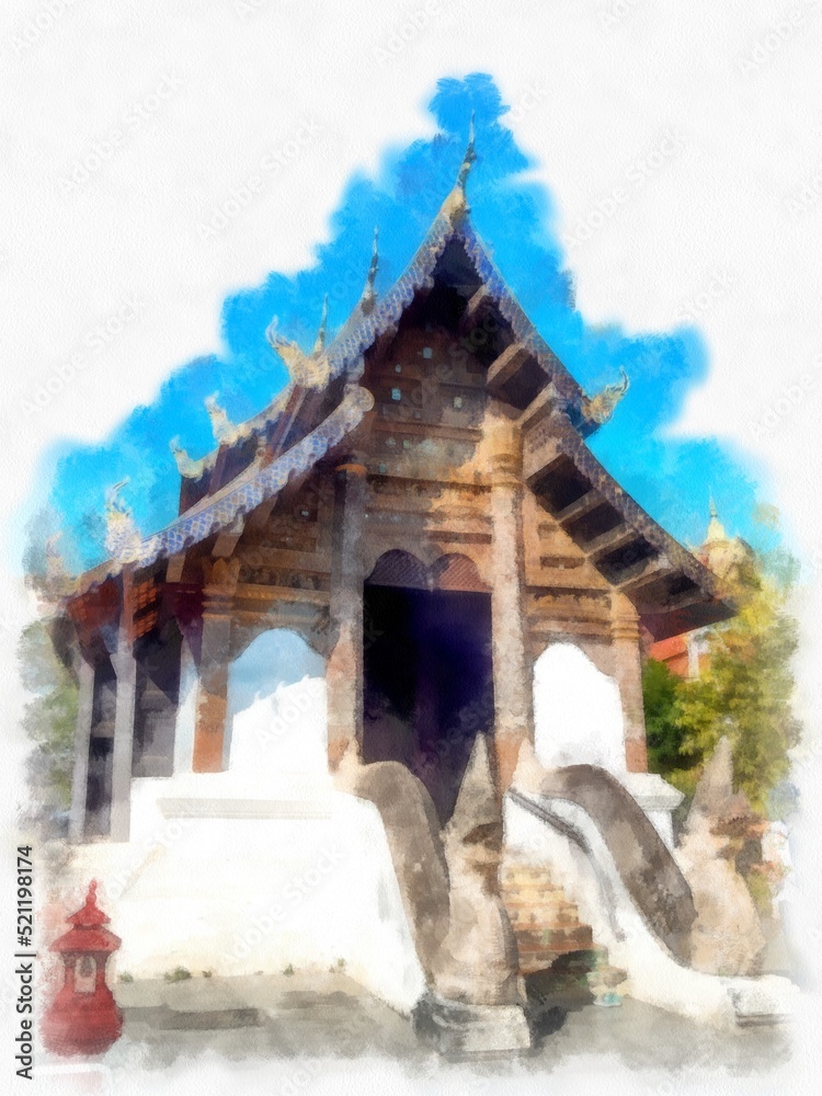 Landscape and scenery of the Ancient Architecture Council in Chiang Mai and tourist attractions of Thailand watercolor style illustration impressionist painting.