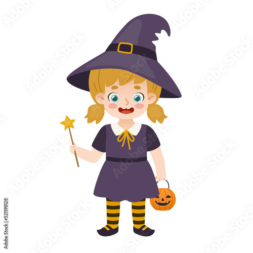 Cute little witch girl with magic wand. Cartoon halloween kid in witch costume. Adorable baby in costume.
