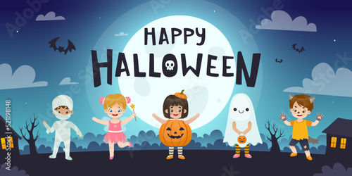 Cute children in halloween costume walking on the night street. Horizontal halloween banner with cartoon kids.