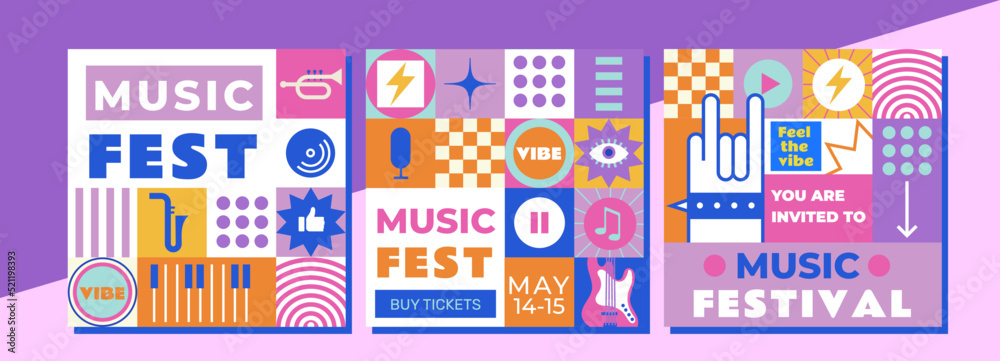 Modern music festival template design. An unusual combination of funky colors and a youthful style will make your advertisement, flyer, banner or invitation definitely stand out!