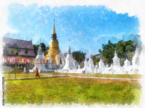 Landscape and scenery of the Ancient Architecture Council in Chiang Mai and tourist attractions of Thailand watercolor style illustration impressionist painting.