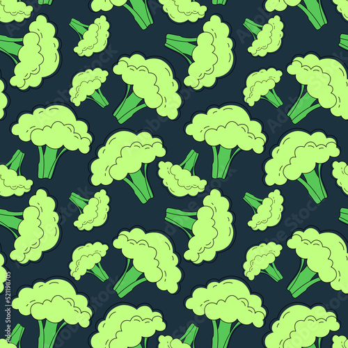 Vector seamless pattern of broccoli on a dark background. Drawing for banner, background or textile.