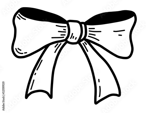 Ribbon with Bow for Gift. Vector black Tie for Present. Hand drawn illustration in sketch style