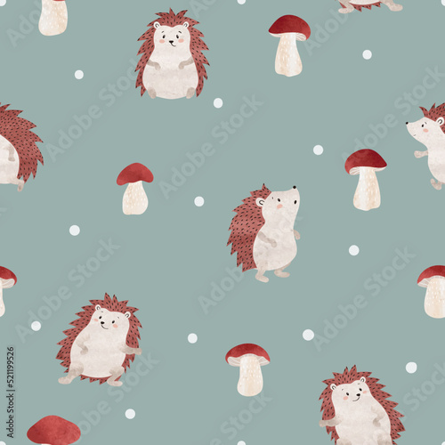 Seamless cute hedgehogs and mushrooms pattern. 