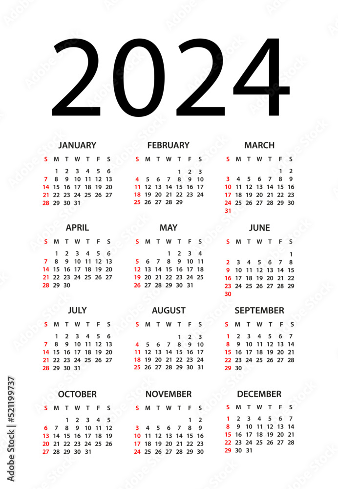 Calendar 2024 year vector illustration. Week starts on Sunday