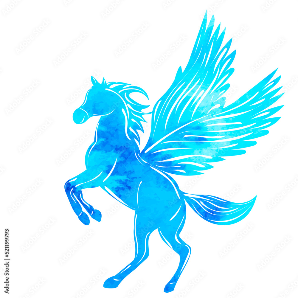 silhouette blue pegasus watercolor on white background isolated