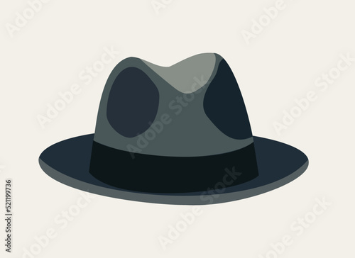 Vector illustration of elegant grey fedora hat isolated on light beige background.